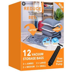 lot 59477 image: 12 Pack Vacuum Storage Bags (3 Jumbo, 3 Large, 3 Medium, 3 Small),Plastic Packaging Bags,Space Saver Sealer Compression Bags with Travel Hand Pump for Blankets, Comforters, Pillows, Clothes Storage - Retail $26