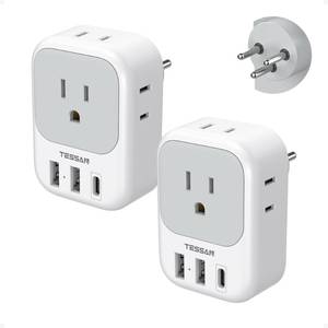 lot 59496 image: TESSAN Israel Adapter Plug 2 Pack, 7 in 1 US to Israel Power Adapter with 3 USB Ports (1 USB C Port) 4 American Outlets, Type H Travel Adaptor for USA to Jerusalem - Retail $31