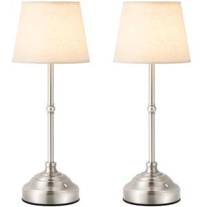 lot 59515 image: keysays 2 Pack Cordless Table Lamp, Rechargeable Desk Lamp with Fabric Shade, Battery Operated Lamp 3 Color Stepless Dimming, Small Touch Bedside Lamp Home Decor for Dining, Counter (Brushed Sliver) - Retail $50