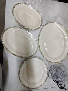 lot 18645 image: vintage Mount Clemens Pottery Co. Pink Rose Band serving plates and Tea Set - 34 Pc