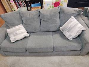 lot 13879 image: Gray Fabric Sectional Sofa with White Throw Pillows - Retail $599