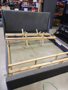 lot 13884 image: Gray Upholstered King Size Platform Bed - Retail $399