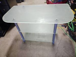 lot 13906 image: Modern Frosted Glass TV Stand with Multiple Shelves - Retail $85