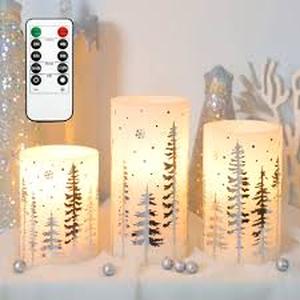 lot 13943 image: PETRISTRIKE Christmas Flameless Candles with Timer, Battery Operated Wax Led Pillar Candles, Christmas Tree Flickering Candles for Holiday Home Decor, Gift Set of 3 - Retail $0
