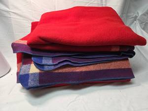 lot 166 image: Red Wool Blankets with Navy Plaid Border