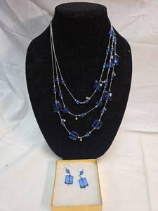 lot 331 image: Blue Crystal Multi-Strand Necklace and Earring Set