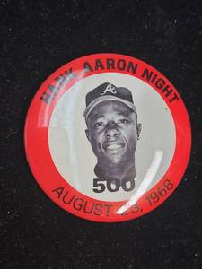 lot 383 image: 1968 Hank Aaron Night 500 HR Baseball Pin