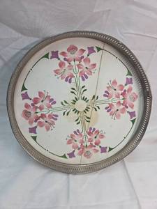 lot 408 image: Hand-Painted Floral Metal Rim Serving Tray