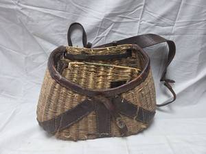 lot 422 image: Traditional Woven Pack Basket with Leather Straps