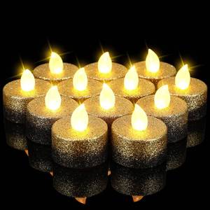 lot 892 image: Rossesay 24 Pcs Flameless LED Tea Lights Gold Black Glitter Flickering Fake LED Candles Tealights Battery Operated Romantic Anniversary Decorations Winter Decor for Valentines Wedding Christmas Party - Retail $16