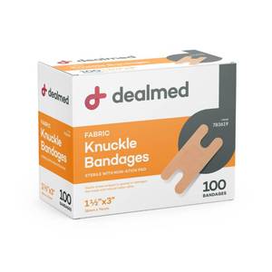 lot 916 image: Dealmed Fabric Knuckle Flexible Adhesive Bandages �� 100 Count (1 Pack) Bandages with Non-Stick Pad, Latex Free, Wound Care for First Aid Kit, 1 12 x 3 - Retail $7
