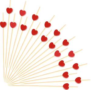 lot 919 image: 50pcs Red Heart Cocktail Picks 4.7 Long Fruit Sticks Food Toothpicks Sandwich Appetizer Charcuterie Skewers, Handmade of Bamboo Wood, for Birthday, Wedding, Valentines Day Decoration Party Supplies - Retail $6
