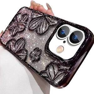 lot 979 image: Changjia Glitter 3D Flower Case for iPhone 16 Plus,Cute Luxury Floral Design with Gradient Bling Sparkly Paper TPU Plating Bumper Clear Shockproof Women Girls Phone Case for iPhone 16 Plus 6.7,Purple - Retail $2,005
