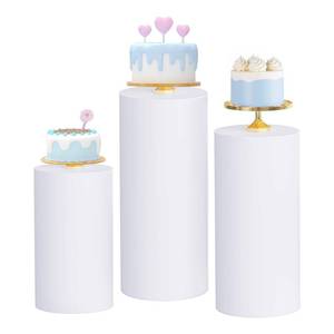 lot 15468 image: Babenest White Cylinder Pedestal Stand Covers Set of 3, Spandex Vintage Fitted Round Pedestal Covers, Elastic Cloth Pillar Plinth Cover for Birthday Wedding Party Reception Decoration(Without Stands) - Retail $18
