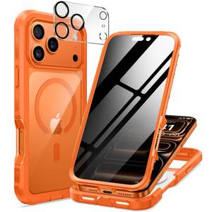 lot 15515 image: seacosmo for iPhone 17 Pro Case, Full Body Bumper with Built-in Tempered Glass Privacy Screen and Camera Lens Protector, Compatible with MagSafe, Shockproof 17 Pro Phone Case, 6.3, Orange - Retail $17