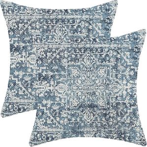 lot 15537 image: AEIOAE Boho Pillow Covers 20x20 Inch Set of 2,Carpet Pattern Throw Pillows Case,Navy Blue Ethnic Design Outdoor Decorative Square Linen Farmhouse Decor Cushion Covers for Home Sofa Bed Couch - Retail $17