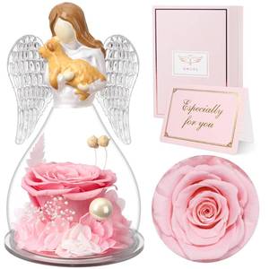 lot 15545 image: Sunia Memorial Dog Gift - Glass Angel & Dog Figurine with Real Preserved Rose, Sympathy Gifts for,Mothers Day Christmas Birthday Gift for Women Mom (Pink) - Retail $10