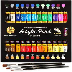 lot 15548 image: Acrylic Paint Set Canvas Art Paints 24 Colors Perfect Paint Finish (0.41oz,12 ml) With 3 Brushes - Painting Canvas, Paper, Wood, Rock, MDF, Ceramic & Fabric - Retail $9