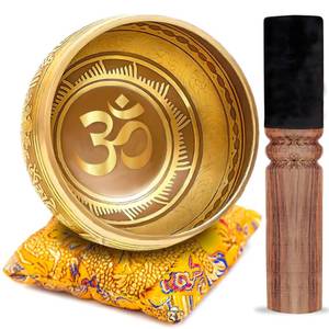 lot 15563 image: Tibetan Singing Bowl Set �� Bronze Master Grade with Pure Tone & Thangka Art �� Handmade in Nepal by Himalayan Bazaar (Gold & Yellow) - Retail $26