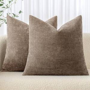 lot 15565 image: MIULEE Pack of 2 Decorative Throw Pillow Covers Soft Chenille Throw Pillows Solid Neutral Farmhouse Textured Cushion Covers for Couch Sofa Bedroom Living Room 18x18 Inch, Taupe Grey - Retail $15