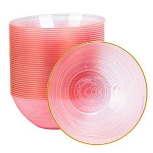 lot 15566 image: QualQuot 50 Pack 16 Oz Plastic Bowls with Gold Rim, Disposable Soup Bowls, Heavy Duty Dessert Bowls for Parties, Wedding and Everyday Use, Pink - Retail $23