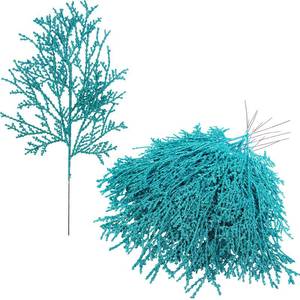lot 15571 image: Winlyn 15 Pcs Teal Glitter Artificial Cedar Picks Sprays Christmas Floral Picks Faux Cedar Branches Stems Teal Christmas Tree Picks 15.4 H for Floral Arrangement Wreath Swag Winter Centerpiece - Retail $16