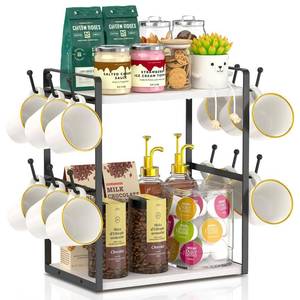 lot 15577 image: EsLuker.ly 2 Tier Coffee Mug Holder Station Bar Organizer Countertop, Mug Cup Tree Rack for Kitchen Office, Storage Shelf with 12 Hooks, Creat Stylish Coffee Corner, White-Black - Retail $30