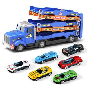 lot 15580 image: HONGTUO Toddler Truck Track Set with Lights & Sounds �� 55-Inch Racing Track with 6 Die-Cast Cars, Perfect Birthday for 3 4 5 6 7 Years Old Boys and Girls - Retail $24