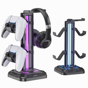 lot 15598 image: Missing Controller Stand Pieces As Is KDD RGB Headset Stand with 9 Light Modes - Controller Holder for Desk - Rotatable Headphone Stand & Detachable Controller Hook for PC Earphone Accessories(Black) - Retail $23
