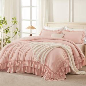 lot 15627 image: Andency Blush Queen Comforter Set(90x90Inch), 3 Pieces Lightweight Soft Ruffle Bedding Comforter Sets for Queen Bed, Farmhouse Shabby Chic Fluffy Soft Microfiber Bed Set for All Season - Retail $66