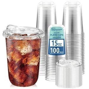 lot 15628 image: Homestockplus 15 oz Clear Plastic Cups with Lids (100 Pack) - Strawless Sip Lids, Leak-Proof & BPA-Free Iced Coffee Cups - Disposable Cold Drink Cups for Smoothies, Milkshake, Parties, Events - Retail $25