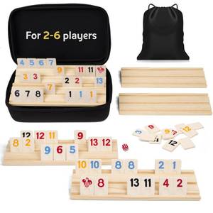 lot 15629 image: Amazing Pride� Upgraded 2-6 Players Rummy Cube Game with 6 Wooden Racks, 160 Tiles, Drawstring Bag, Premium Portable Zippered Case