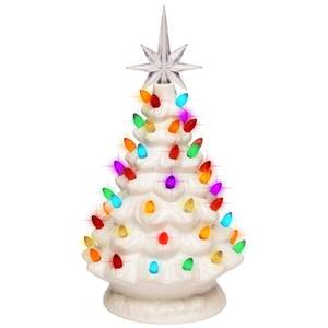 lot 15634 image: Blissun 10 Ceramic Christmas Tree, Tabletop Christmas Tree Lights Decorations with 54 Multicolored Lights and 7 Point Star Topper for Christmas Table Decorations, White - Retail $27