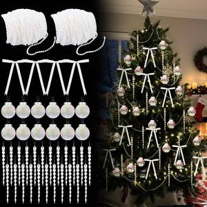 lot 15640 image: Daifunli 62 Pcs 98 Feet White Pearl Garland Christmas Tree Decorations Pearl Beads Strings with White Ribbon Bow, Clear Icicle Ornaments, Iridescent Hanging Balls Decor for DIY Xmas Holiday Party - Retail $8