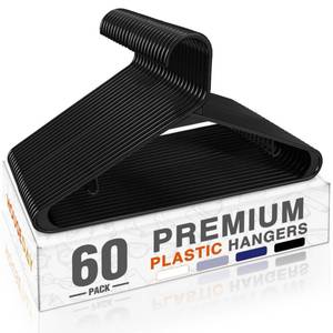 lot 15669 image: HOUSE DAY Black Plastic Hangers 60 Pack, Clothes Hangers with Non Slip Hooks, Durable & Space Saving Coat Hanger, Light-Weight Clothing Hanger, Perfect Closet Organizer for Everyday Use - Retail $25