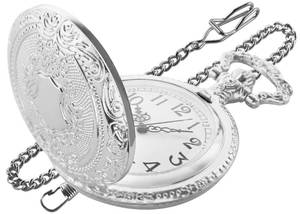 lot 15672 image: Realpoo Silvery Shield Quartz Pocket Watch - Arabic Numeral Digital Scale with Chain Clip for Men - Retail $10