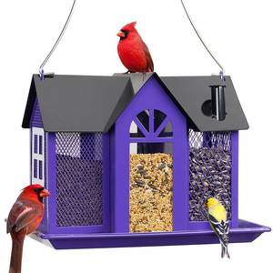 lot 15675 image: Kingsyard Bird Feeder House for Outside, Metal Mesh Wild Bird Feeder with Triple Feeders for Finch Cardinal Chickadee, Large Capacity, Weatherproof and Durable, Purple - Retail $28