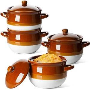 lot 15679 image: LE TAUCI French Onion Soup Bowls with Lid, 22 Oz French Onion Soup Crocks Oven Safe Ceramic Soup Bowls with Handles for Soup, Chili, Beef Stew, Cereal, Pot Pies, Set of 4 - Retail $43