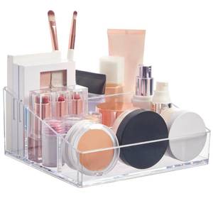 lot 15693 image: STORi Clear Plastic Small Countertop Vanity Makeup Organizer, Compact Rectangular 4-Compartment Holder for Brushes, Eyeshadow Palettes, & Beauty Supplies, Made in USA - Retail $11