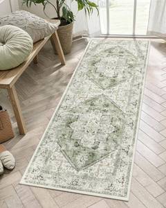 lot 15698 image: LIVEBOX Washable Runner 2x6 - Vintage Tribal Kitchen Rug, Long Entryway, Low-Pile for Bedroom, Non-Skid Soft Carpet Throw for Bathroom Laundry Room Hallway Sage - Retail $31