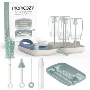 lot 15708 image: Momcozy Bottle Brush Set - Baby Bottle Cleaner Kit with Silicone Brush, Nipple Brush, Straw Brush, Soap Dispenser, Drying Rack - 7 in 1 Bottle Cleaning Tool for Home and Travel, Green - Retail $14