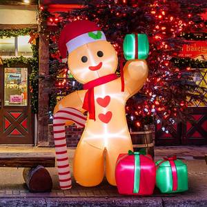 lot 15713 image: Peyton 8FT Inflatable Gingerbread Man with Candy Cane and Three Gift Boxes,LED Lighted Christmas Decoration Indoor and Outdoor. - Retail $40