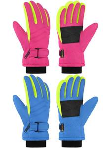 lot 15723 image: Wenouy 2 Pairs Kids Winter Snow Gloves Waterproof Windproof Warm Fleece Boys Girls Ski Gloves Outdoor Cold Weather, Yellow, Rose Red, 6-8 Years - Retail $13