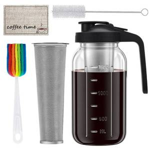 lot 15732 image: Filter and Pot Only Cold Brew Coffee Maker, 64oz Cold Brew Pitcher with Stainless Steel Filter & Coffee Mat, Glass Cold Brew Mason Jar with Airtight Lid, Cold Brew Brewer Kit Tea Infuser Pitcher, Gifts for Coffee Lovers - Retail $18