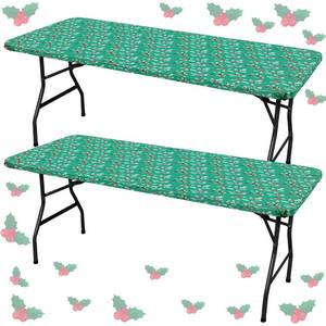 lot 15747 image: Unittype 2 Pcs Green Christmas Vinyl Tablecloths 30 x 72 Inches Fitted Elastic Edge Flannel Backed Rectangle Tablecloths with Holly Berries for Xmas Dining Party Home Decoration - Retail $14