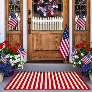 lot 15750 image: Moucuny Red and White Striped Outdoor Rug, Memorial Day 24 x 35 Area Rug Patriotic Front Porch Door Mat Welcome Layering Rustic Washable Doormat for Memorial Day Entryway Farmhouse Decor - Retail $25