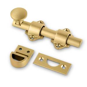 lot 15761 image: Mega Handles Dutch Door Bolt - 4 Inch Heavy Duty Slide Bolt Latch, Easy to Install Slide Latch for Dutch Doors, Suitable Slide Bolt for Toy Boxes, Cabinets, Pantry Doors and More - Satin Brass - Retail $25