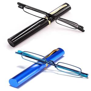 lot 15768 image: ONLY BLUE PAIR Viseng Slim Mini Metal Reading Glasses Compact Lightweight Portable Readers with Glasses Case for Reading Case BlackBlue3.5 - Retail $12