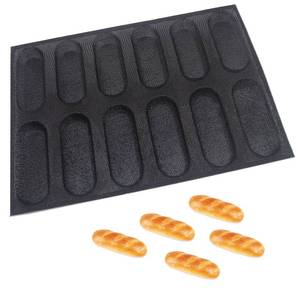 lot 15770 image: Pre Owned Dioycli Silicone Bread Loaf Pan for Baking, Mini Baguette Bread Pan Perforated Hot Dog Bun Pan 12 Loaf Non Stick Baking Liners Mat - Retail $18