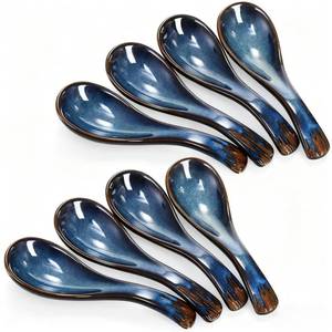 lot 15783 image: Cididu Set of 7 Asian Soup Spoon Ceramic, Blue Chinese Soup Spoons with Non-Slip Bottom, Retro Porcelain Japanese Pho Spoons for Ramen, Wonton, Noodle, Miso, Dumpling, Dishwasher Safe, 5.2 L - Retail $16